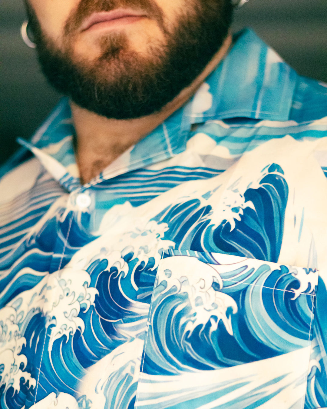 100 %Cotton-Hawaiian Ukiyo Cuban Collar Pocket Short Sleeve Shirt