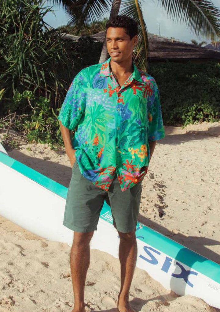 100 Cotton-Green & Red & Yellow & Blue Brown Hawaiian Short Sleeve Shirt For Vacation