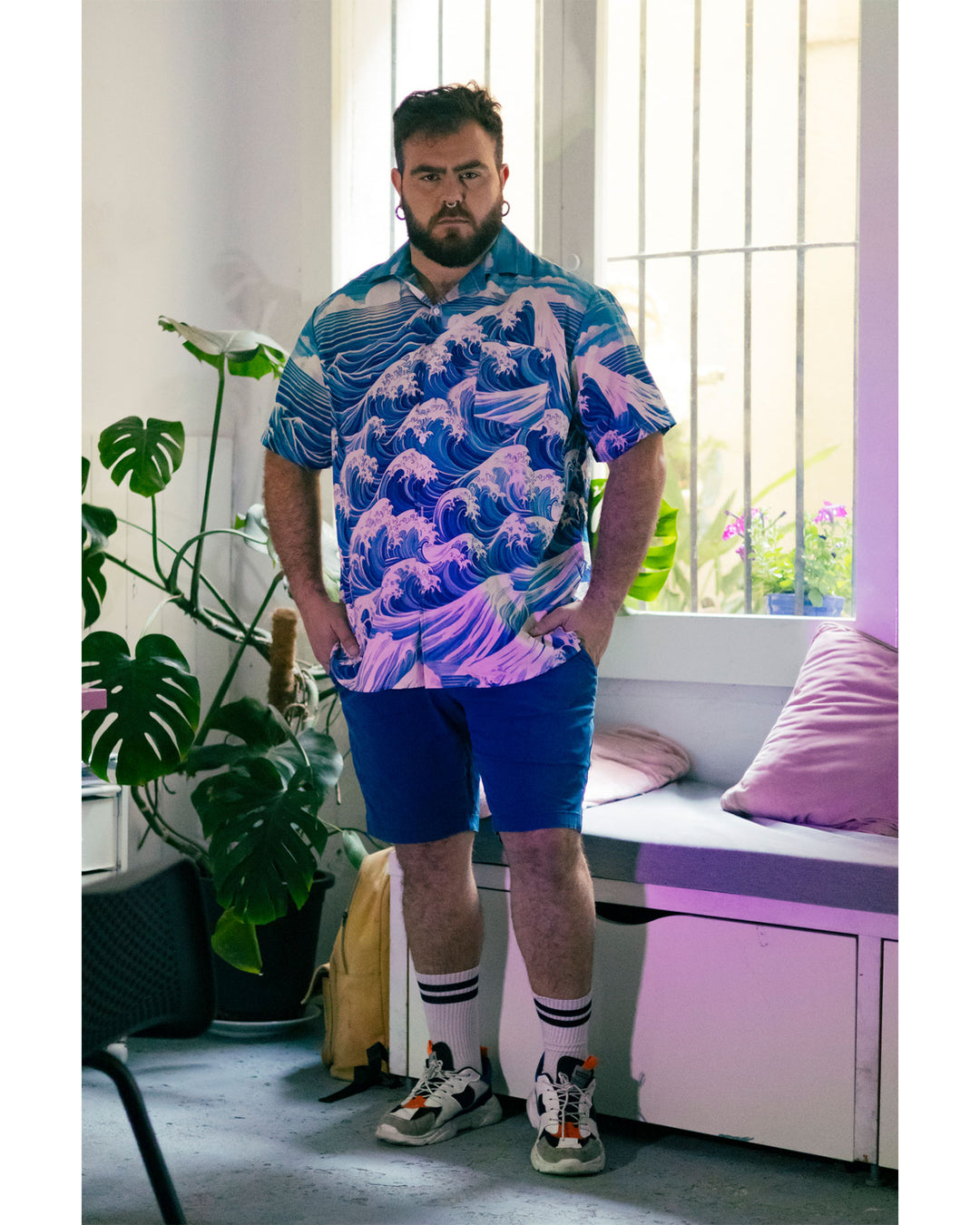 100 %Cotton-Hawaiian Ukiyo Cuban Collar Pocket Short Sleeve Shirt