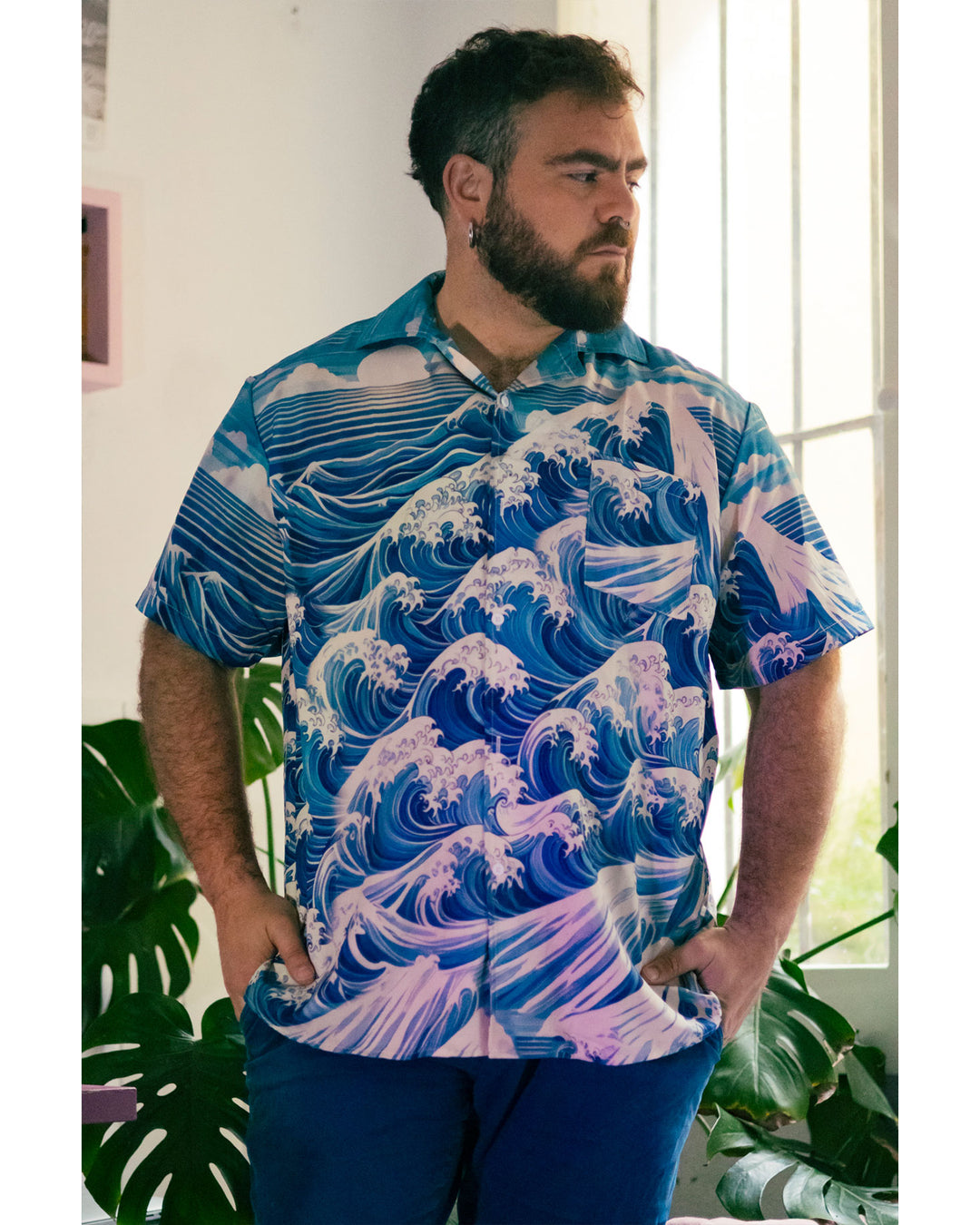 100 %Cotton-Hawaiian Ukiyo Cuban Collar Pocket Short Sleeve Shirt