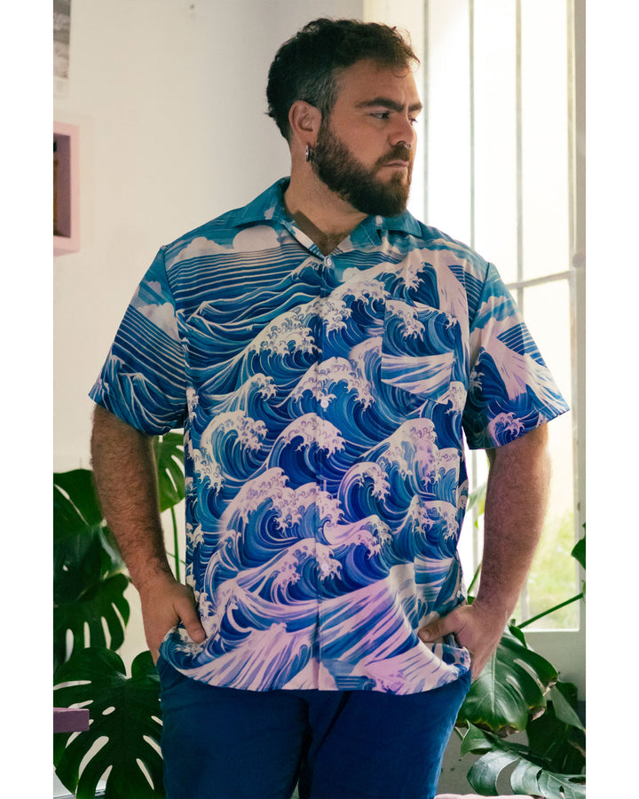 100 %Cotton-Hawaiian Ukiyo Cuban Collar Pocket Short Sleeve Shirt