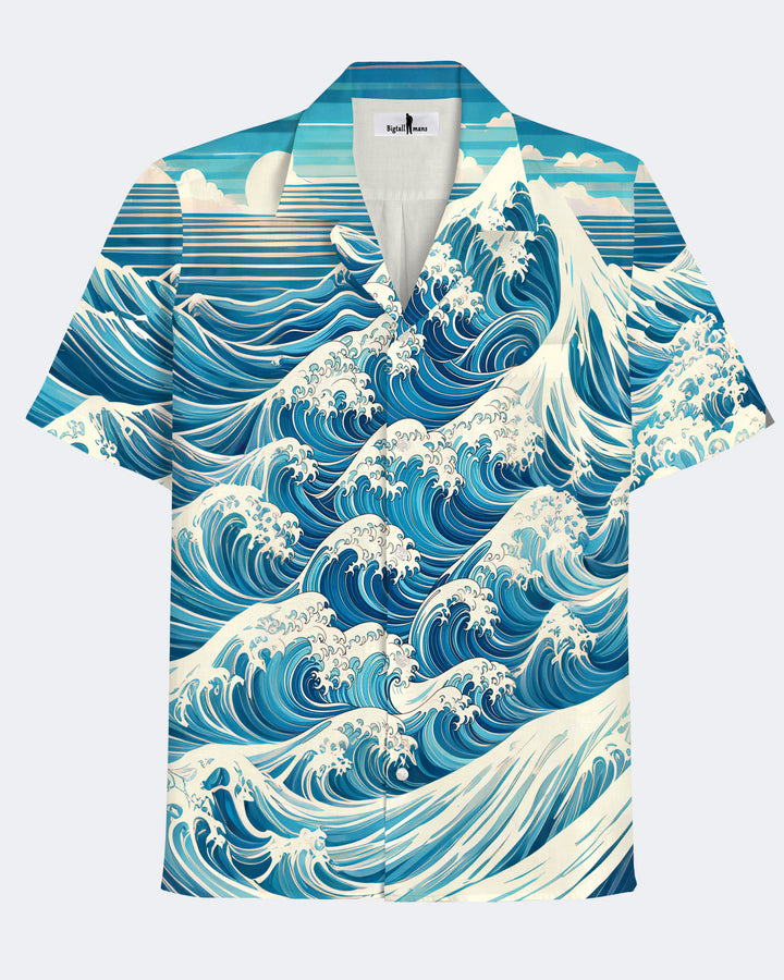 100 %Cotton-Hawaiian Ukiyo Cuban Collar Pocket Short Sleeve Shirt