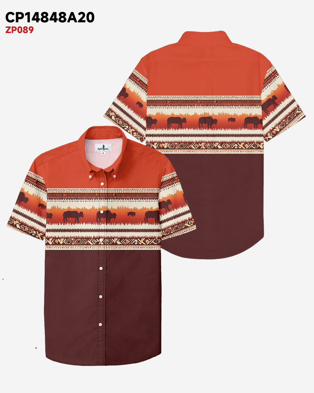 Red Brown Western Cotton Blend Short Sleeve Button-Up Shirt