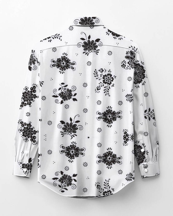 White & Black Flower Men's Long Sleeve Shirt