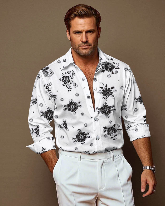 White & Black Flower Men's Long Sleeve Shirt