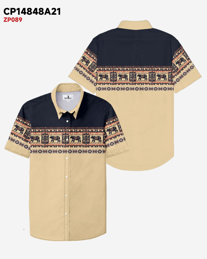 Apricot Yellow Western Cotton Blend Short Sleeve Button-Up Shirt