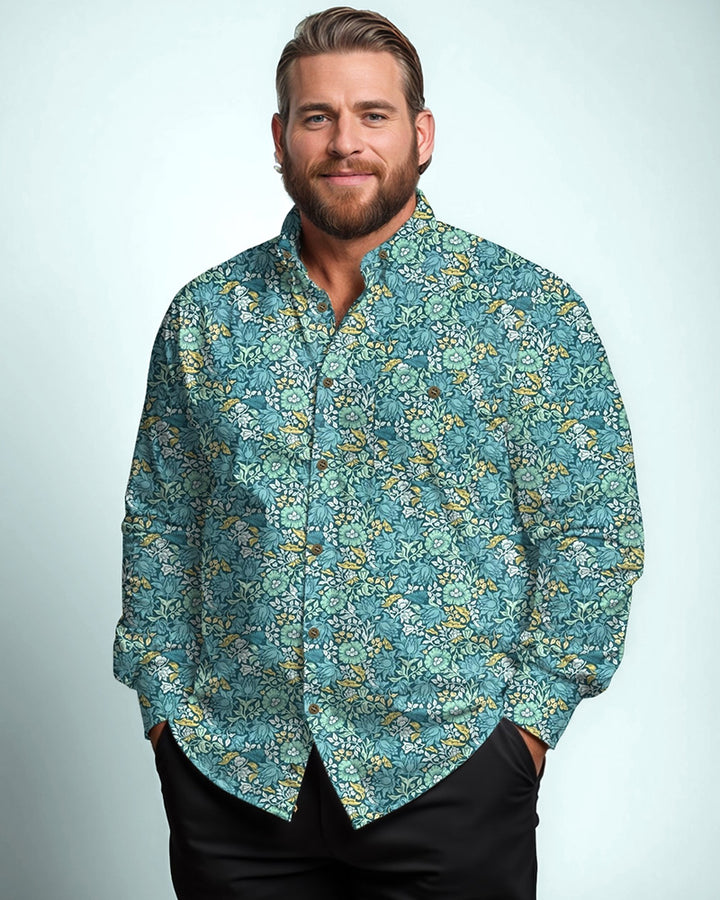 Turquoise Floral Cotton Men's Patch Pocket Long Sleeve Lapel Shirt