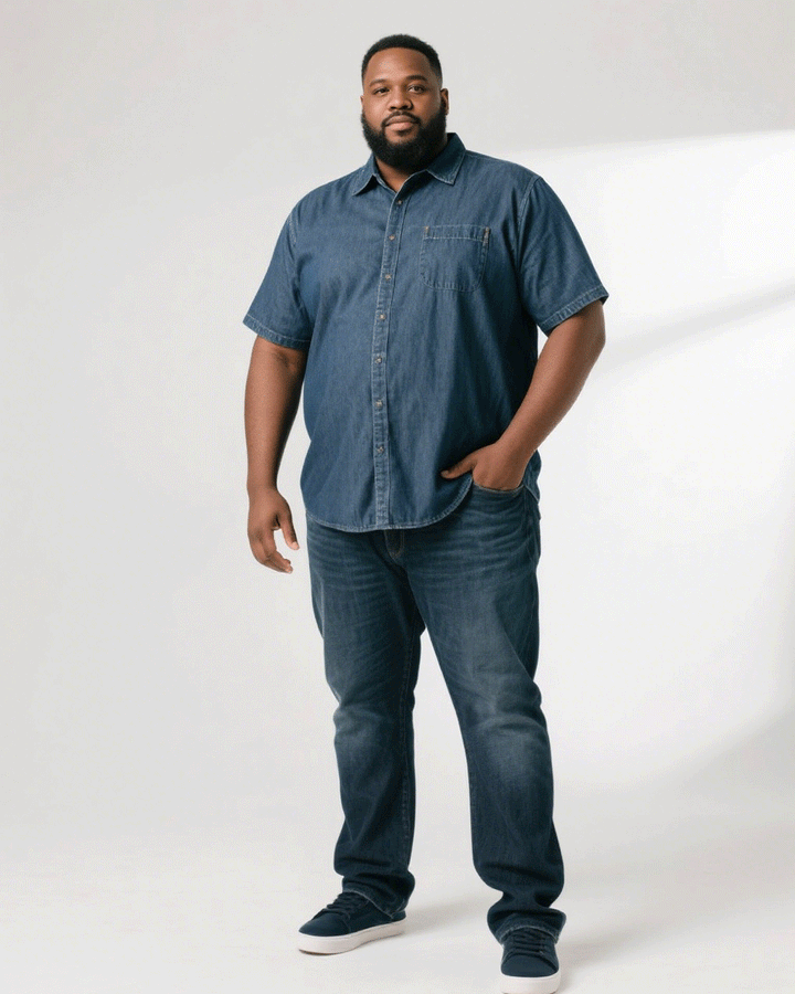 Big & Tall Men' Lapel Cardigan Denim Short Sleeve Shirt