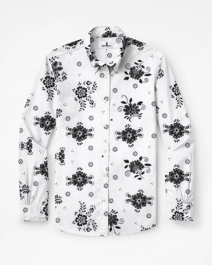 White & Black Flower Men's Long Sleeve Shirt