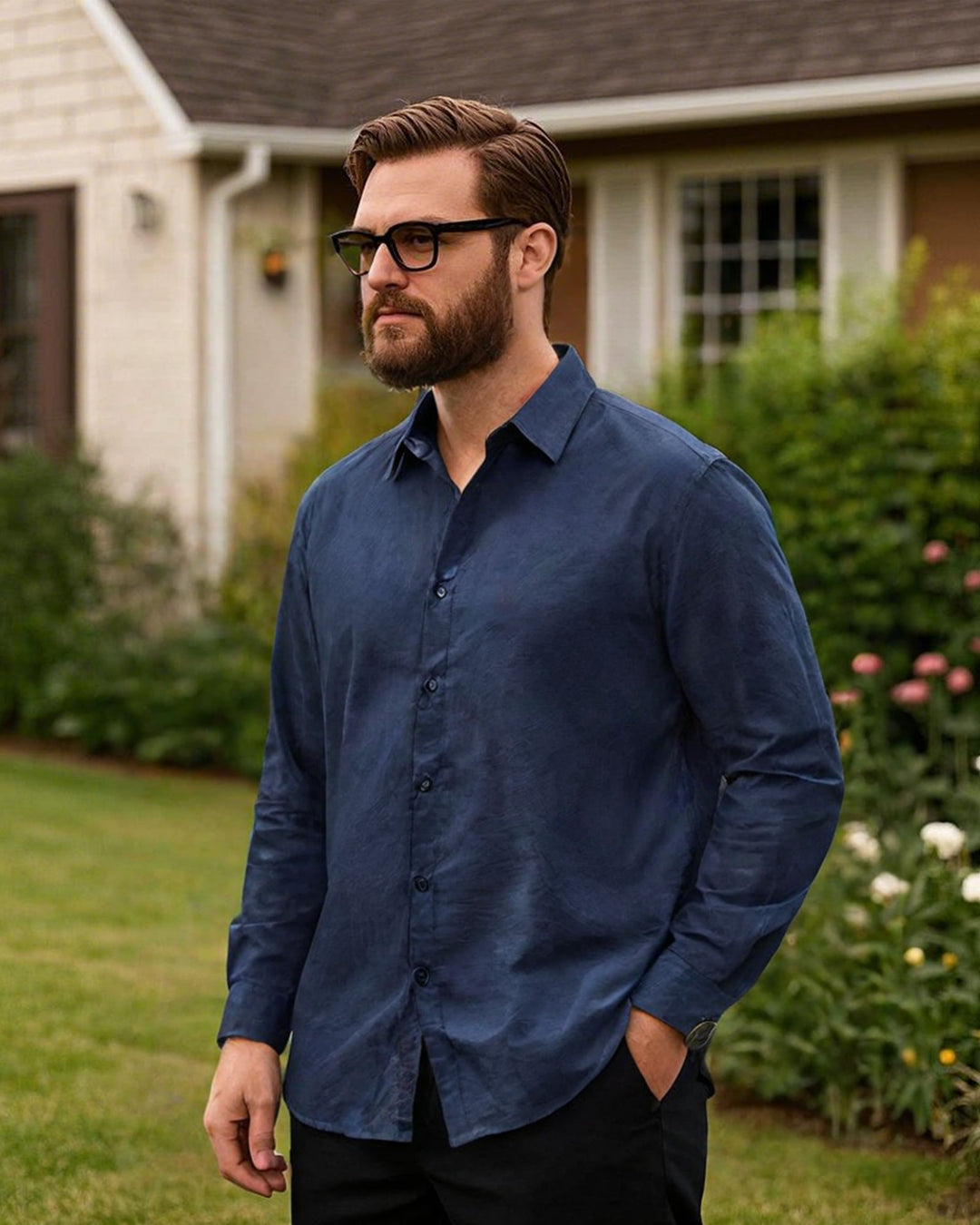 Texture Cotton Non-iron Noble Royal Blue Men's Plus Size Shirt