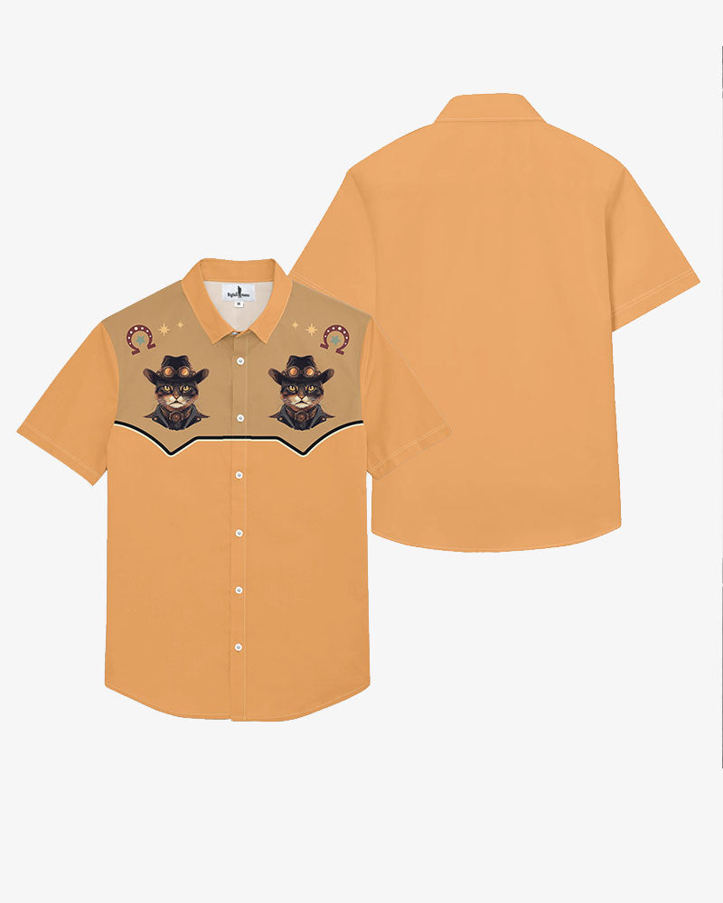 100% Cotton-Western Animal Orange Short Sleeve Button-Up Shirt