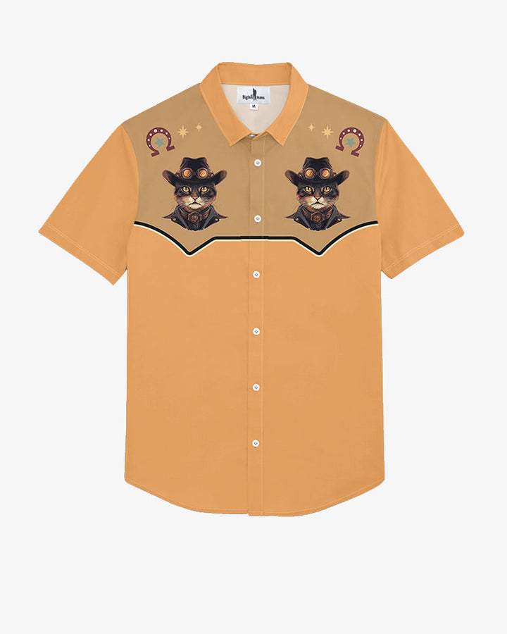 100% Cotton-Western Animal Orange Short Sleeve Button-Up Shirt