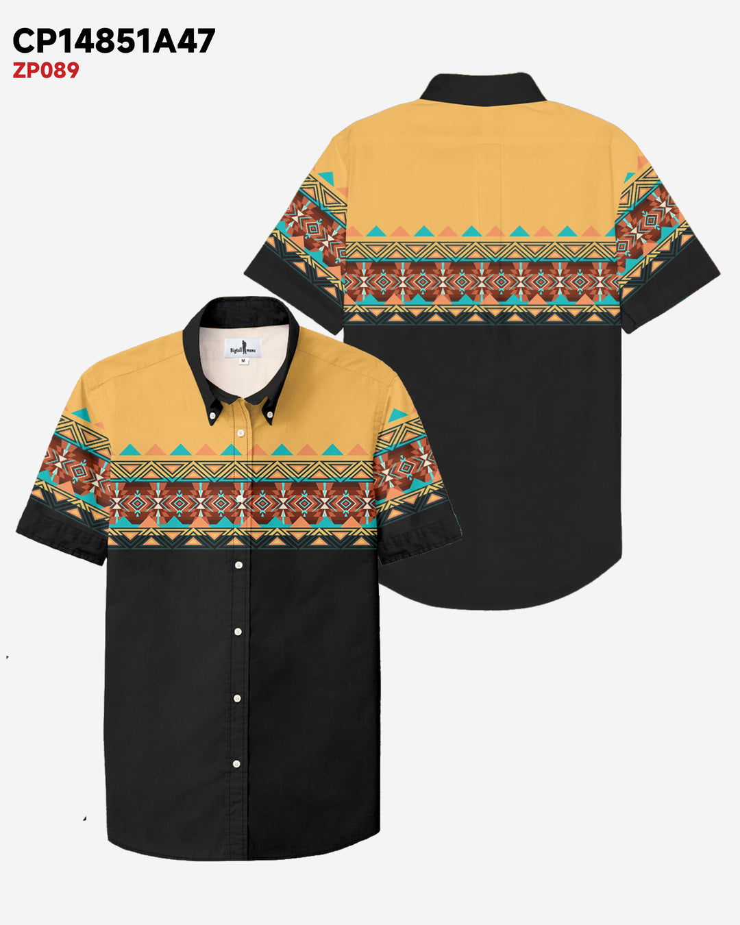 Western Traditional Pattern Stitching Cotton Blend Short Sleeve Button Shirt