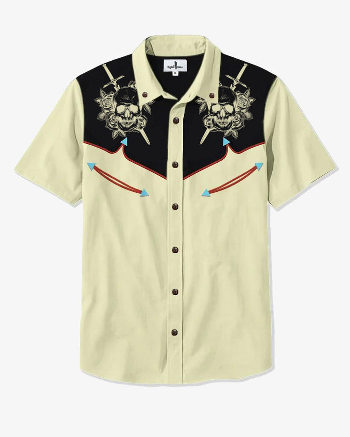 100% Cotton-apricot Skull Men's Short Sleeve Button-Up Shirt