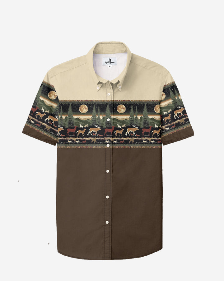 Brown Western Denim Pattern Cotton Blend Short Sleeve Button-Up Shirt
