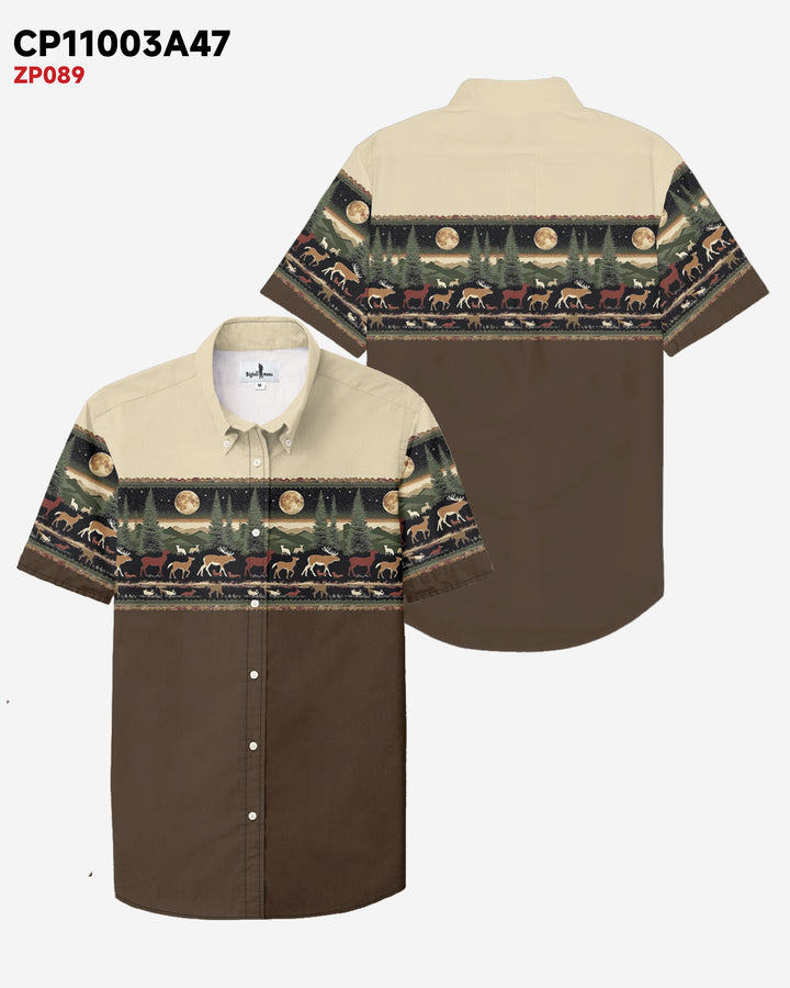 Brown Western Denim Pattern Cotton Blend Short Sleeve Button-Up Shirt
