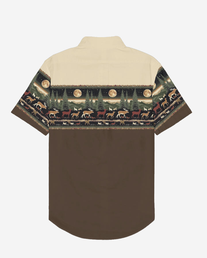 Brown Western Denim Pattern Cotton Blend Short Sleeve Button-Up Shirt