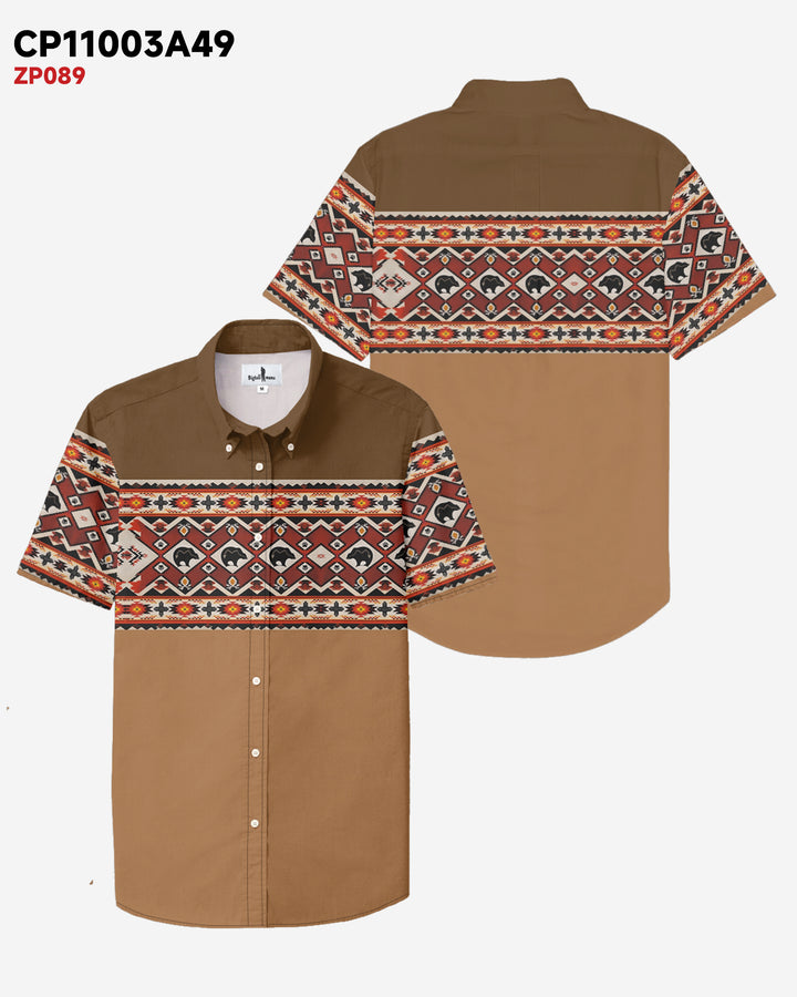 Brown Western Denim Cotton Blend Short Sleeve Button-Up Shirt