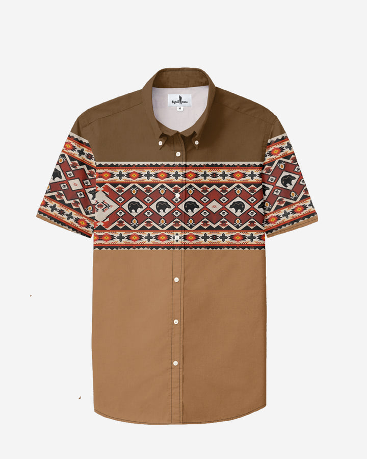 Brown Western Denim Cotton Blend Short Sleeve Button-Up Shirt