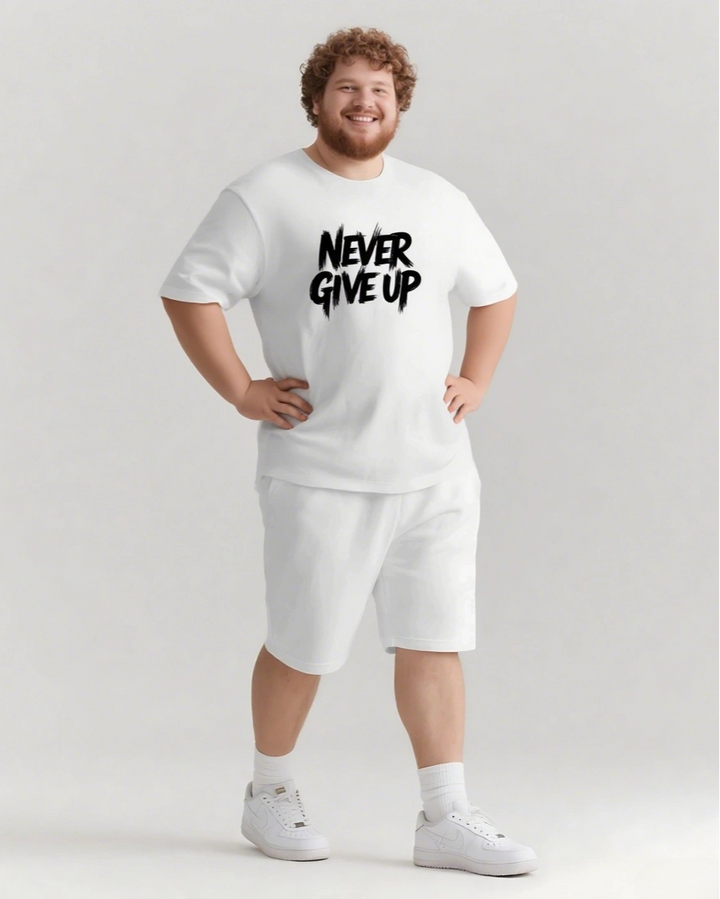 NEVER GIVE UP Slogan T-shirt Shorts Set