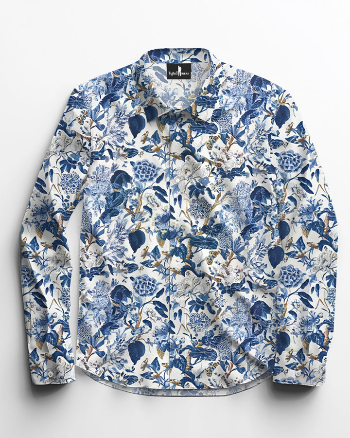 Hand-painted Blue Floral Cotton Long Sleeve Shirt Men's Plus Size