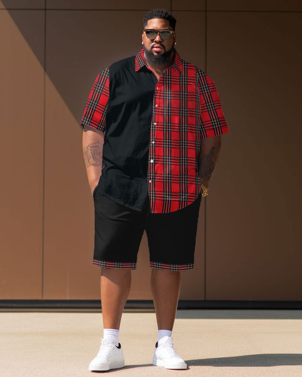Men's Large Size Casual Retro Red Plaid Color Block Street Short Shirt Shorts Suit