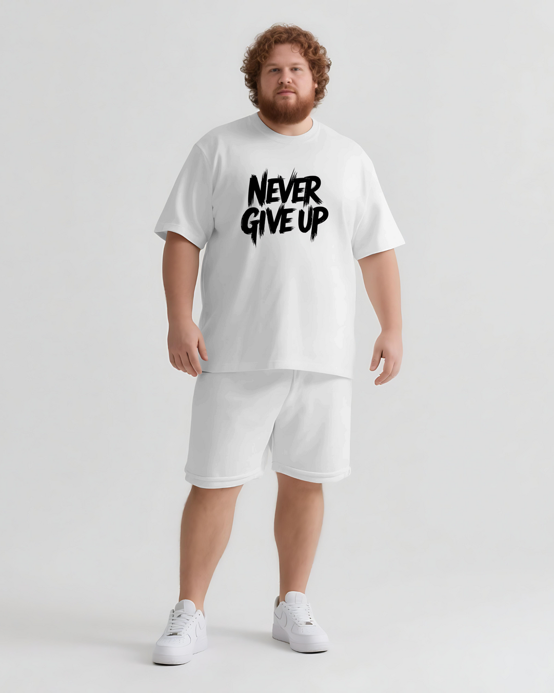 NEVER GIVE UP Slogan T-shirt Shorts Set