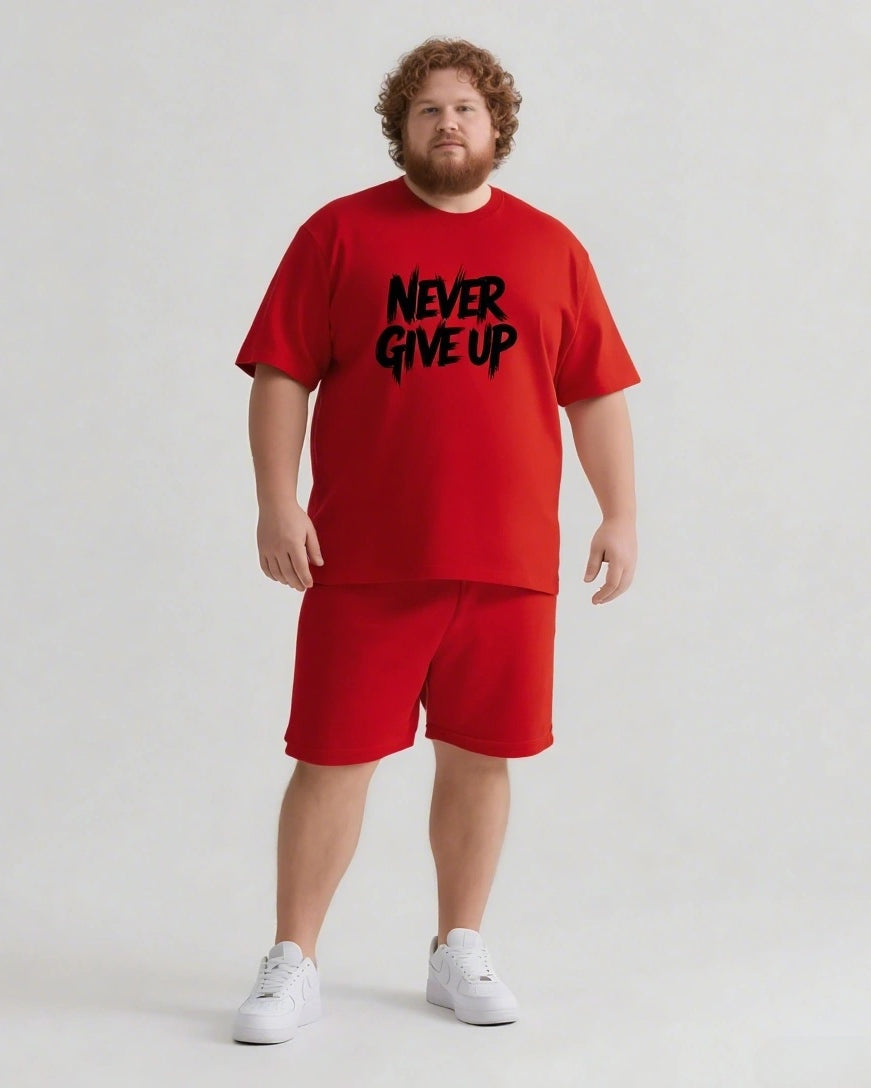 NEVER GIVE UP Slogan T-shirt Shorts Set