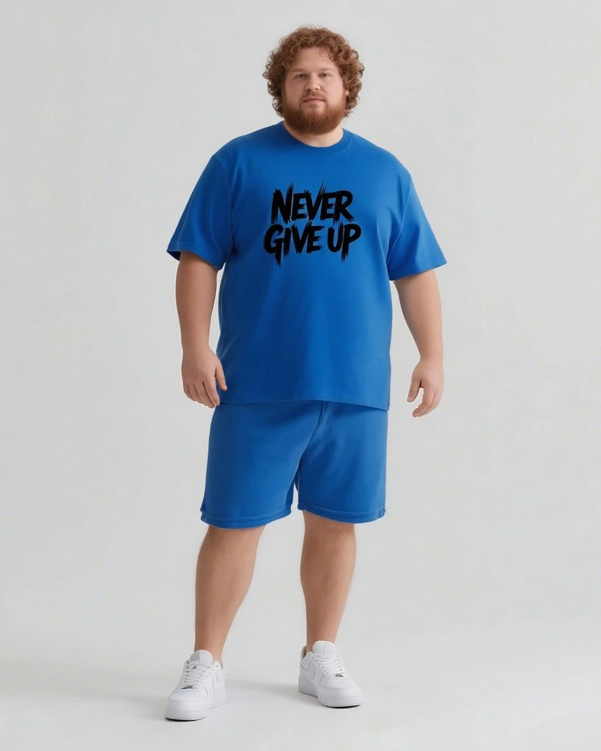 NEVER GIVE UP Slogan T-shirt Shorts Set
