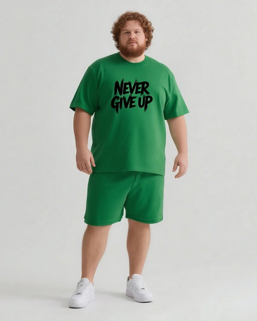 NEVER GIVE UP Slogan T-shirt Shorts Set