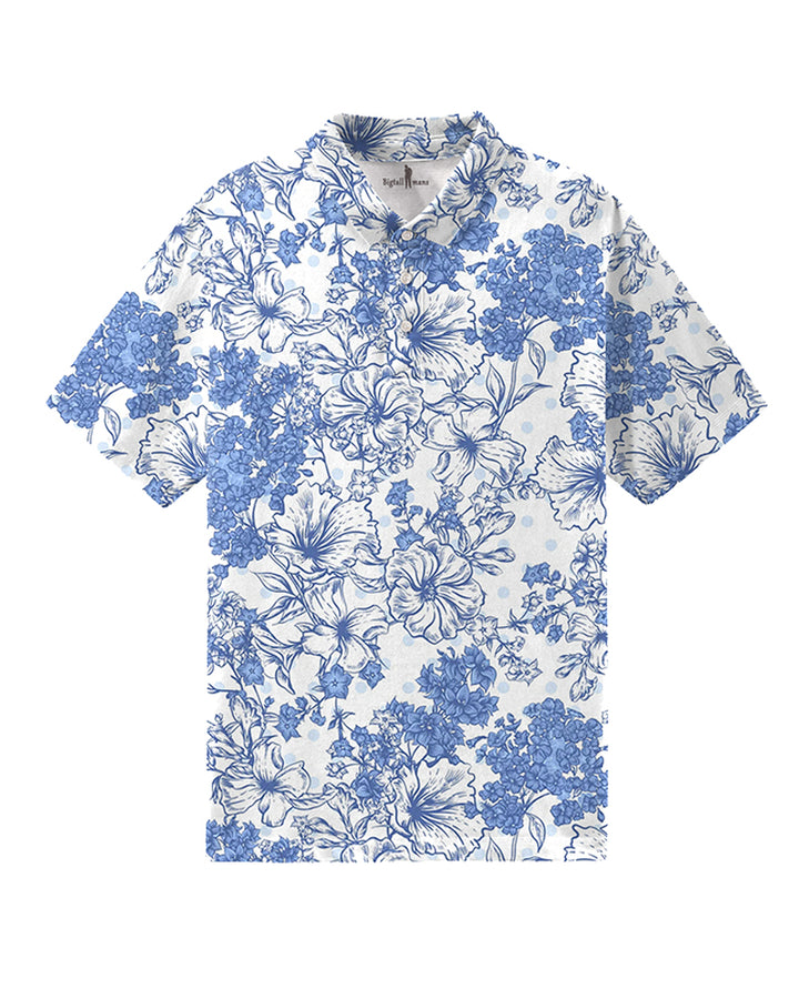 Blue Floral Men Polo Short Sleeve Shirt