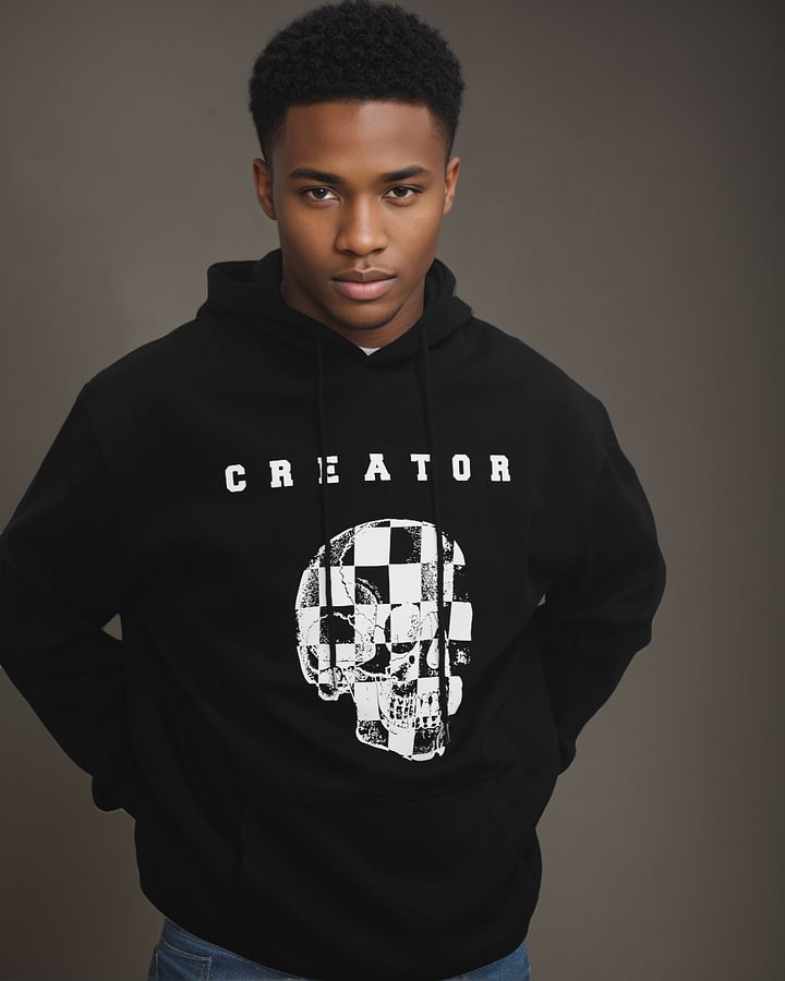 Cotton-checkerboard Design Skull Print Men's Loose Oversized Sweater