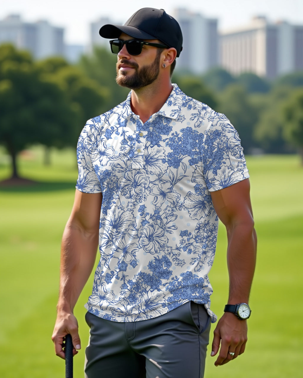 Blue Floral Men Polo Short Sleeve Shirt