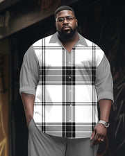 Men's Plus Size Classic Black And White Plaid Long Sleeve Lel Shirt 2 Piece Set