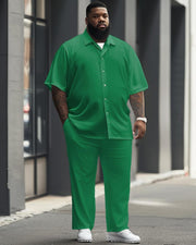 Men's Plus Size Solid Color Green Short Sleeve Shirt Trousers Suit