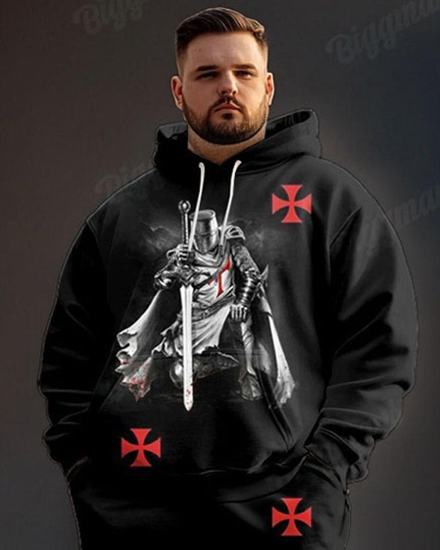 Men's Street Fashion Black Knight Print Plus Size Hoodie Suit