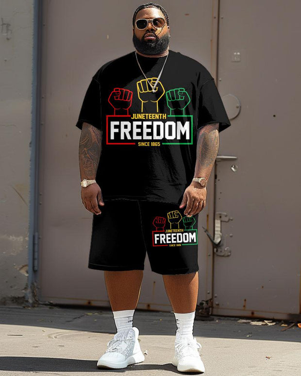 Men's Plus Size Juneteenth Black Freedom Day Fist Print T-Shirt Shorts Suit