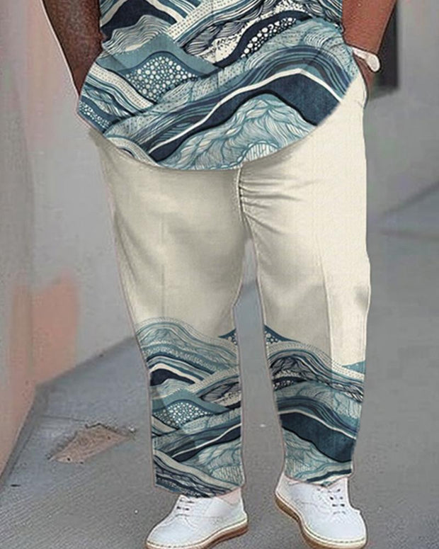 Wave Spliced Plus-size Men's Short-sleeved Shirt and Pants Suit