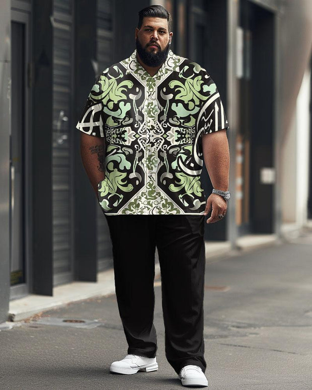 Men's Plus Size Business Simple Geometric Gradient Green Short Sleeve Shirt Trousers Suit