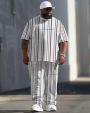 Men's Large Simple Striped Printed T-shirt Trousers Suit