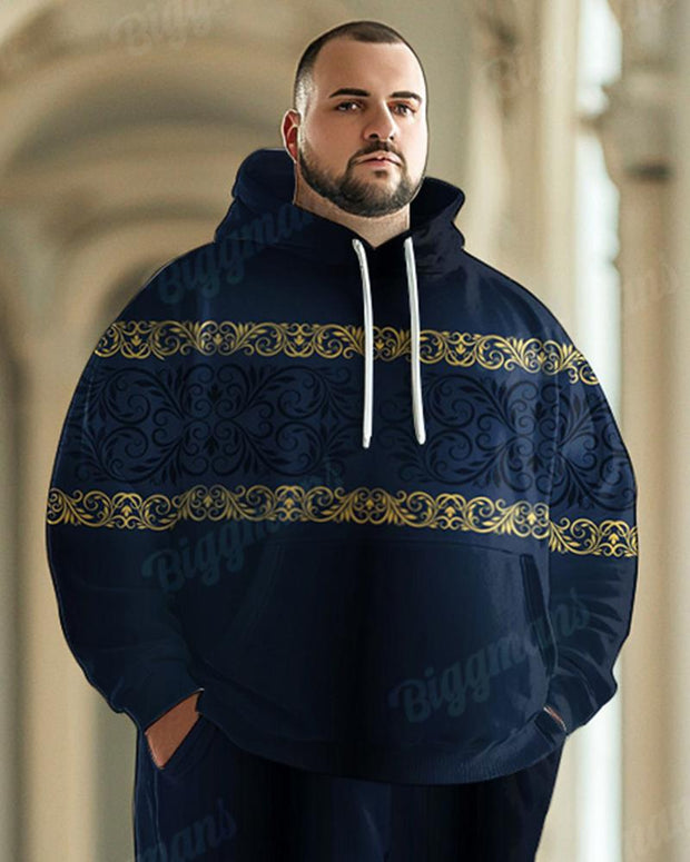 Men's Classical Retro Simple Pattern Blue Plus Size Hoodie Suit