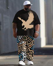 Men's Large Casual Geometric Eagle Print T-Shirt Pants Suit