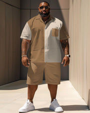 Men's Plus Size Simple Casual Color-block Printed Pocket Shirt Shorts Suit