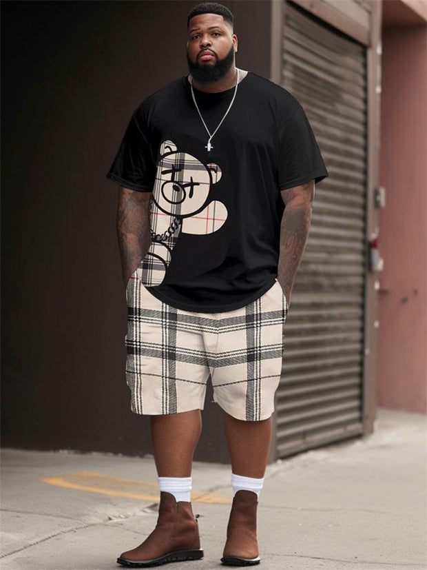 Men's Large Size Street Color Block Casual Letter Bear Short Sleeve Shorts Suit