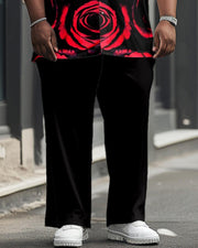 Men's Plus Size Business Casual Red Rose Print Short Sleeve Shirt Trousers Suit