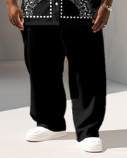 Men's Plus Size Business Retro Black Printed Short Sleeve Shirt Suit