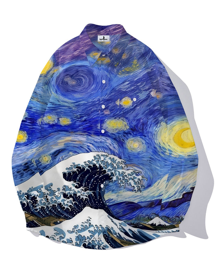 Van Gogh Sunflower-Men's Plus Size Cotton Long Sleeve Lapel Shirt