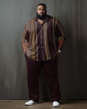 Men's Plus Size Retro Striped Long Sleeve Lapel 2 Shirt Set