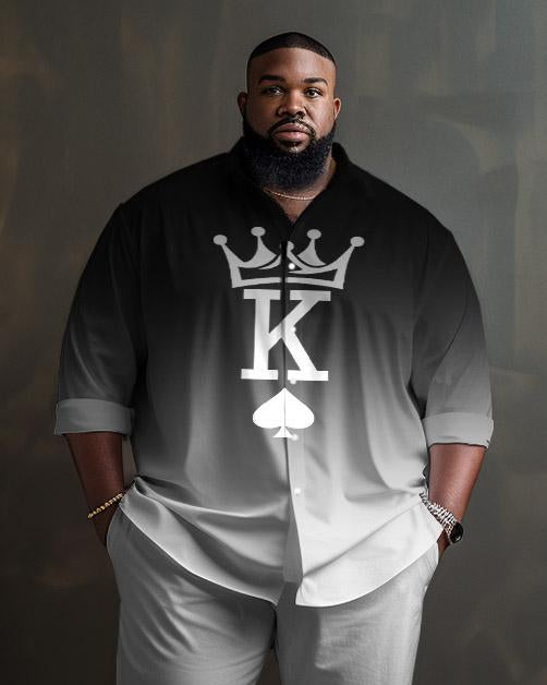 Men's Plus Size Crown K Print Long Sleeve Lapel 2 Shirt Set