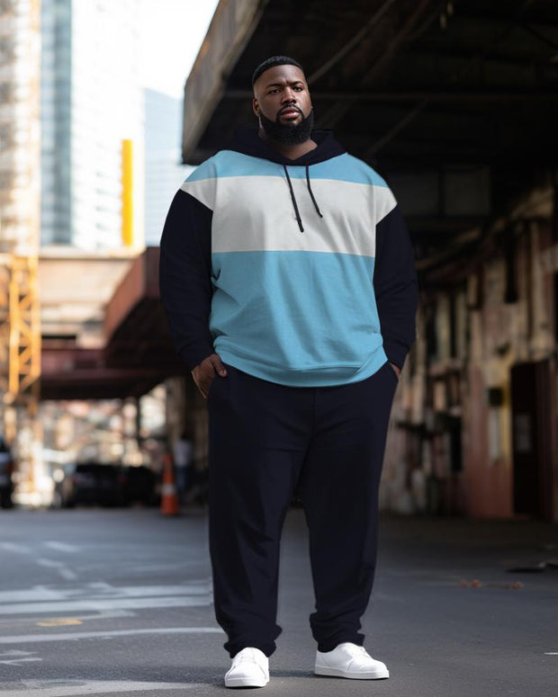 Men's Plus Size Casual Color Block Long Sleeve Hoodie Sports Two Piece Suit